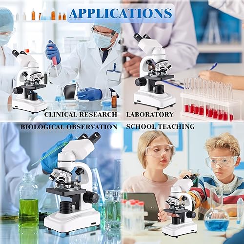 Vista 14 de Microscopio binocular para adultos, niños y estudiantes, microscopios 64X-6000X, 3 lentes objetivos, iluminación LED dual de cuerpo metálico, kit