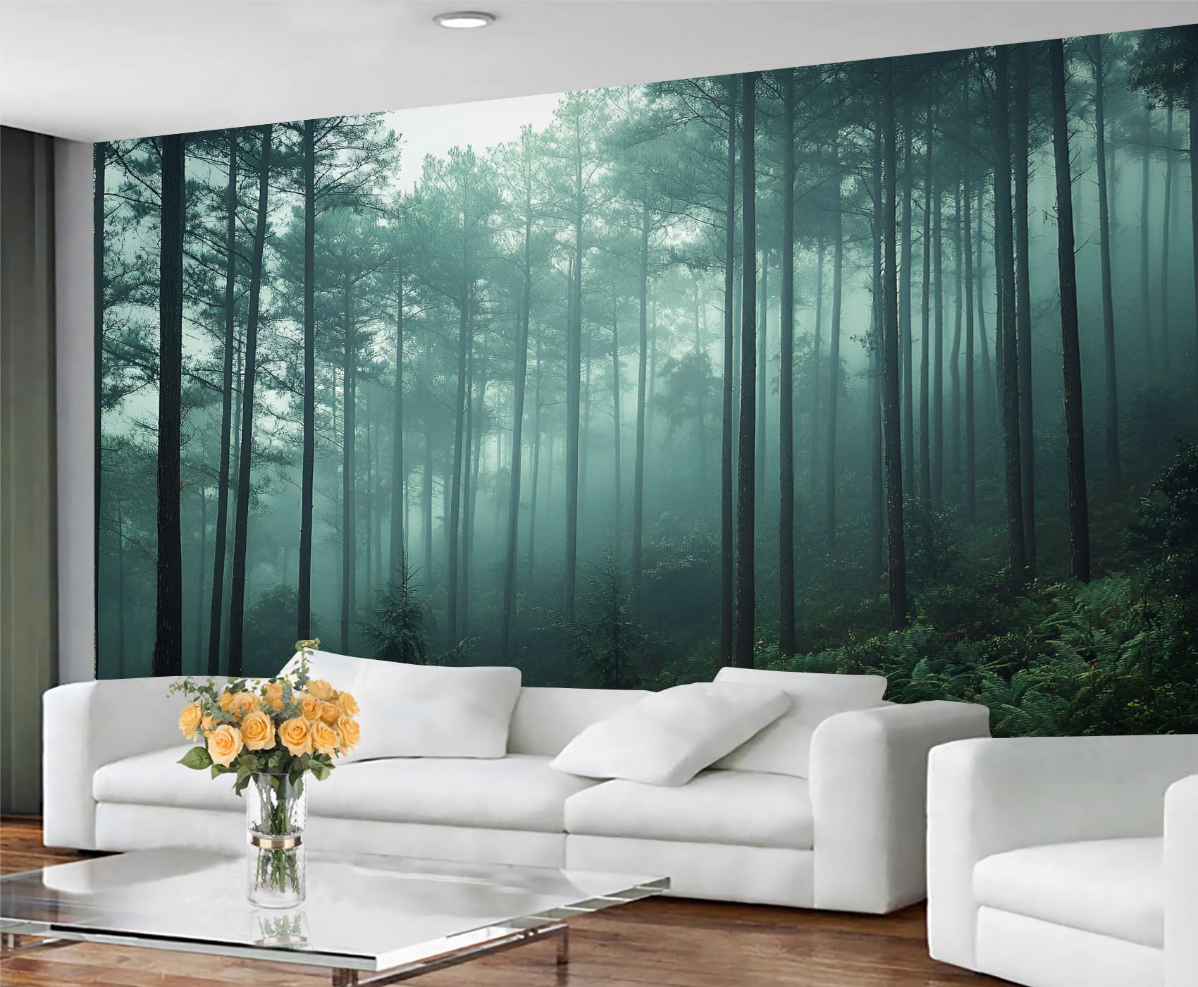 GIVLWF Pine Forest Wallpaper & Room Decor, Morning Fog Bedroom Wallpaper, Ferns Forest Wall Paper for Living Room, Non-Self-Adhesive Atmospheric Landscape Murals for Walls