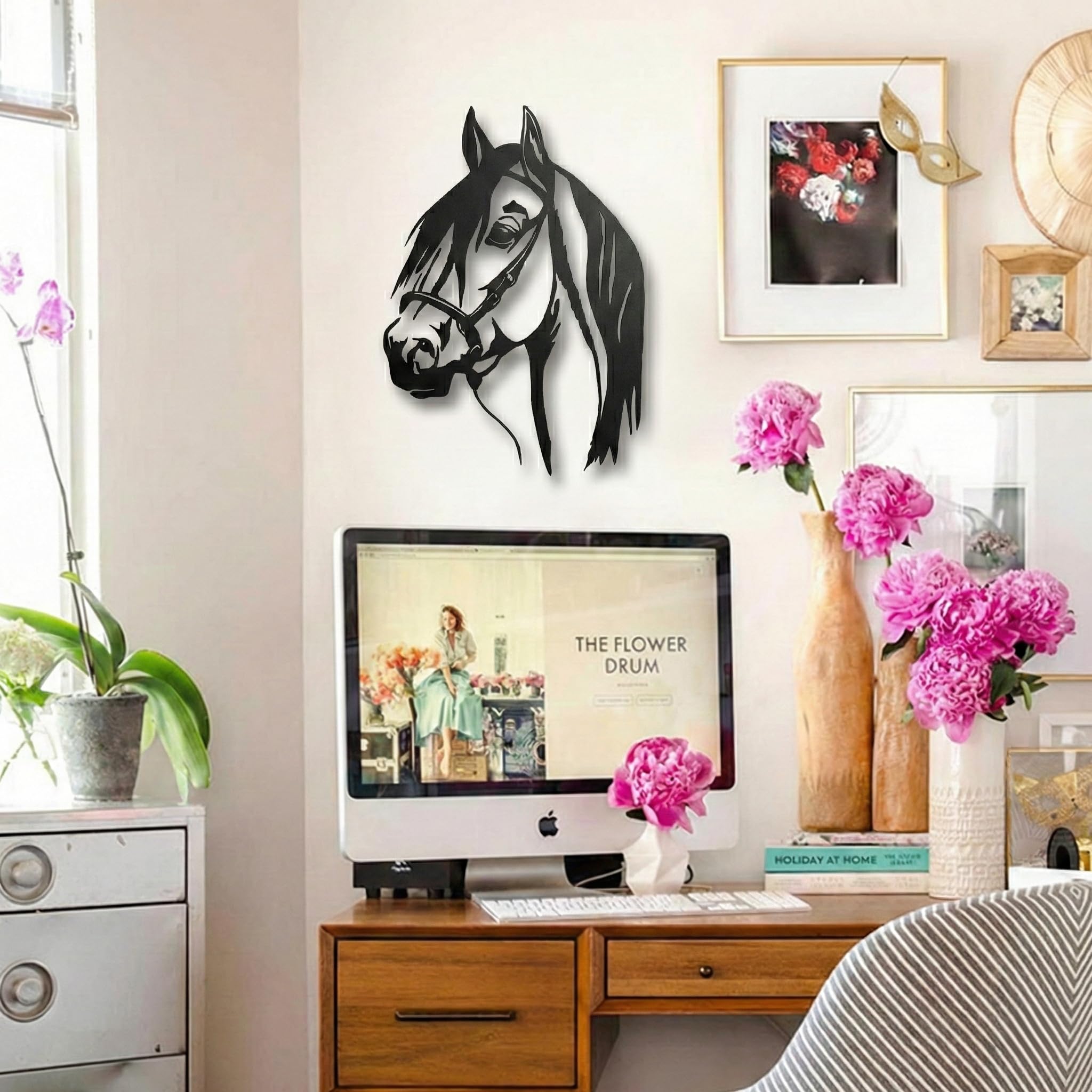 Dekadron - Décoration murale en métal - Tête de cheval - Silhouette murale en 3D en métal - Pour la maison, le bureau, la chambre à coucher, le salon (43 x 61 cm)