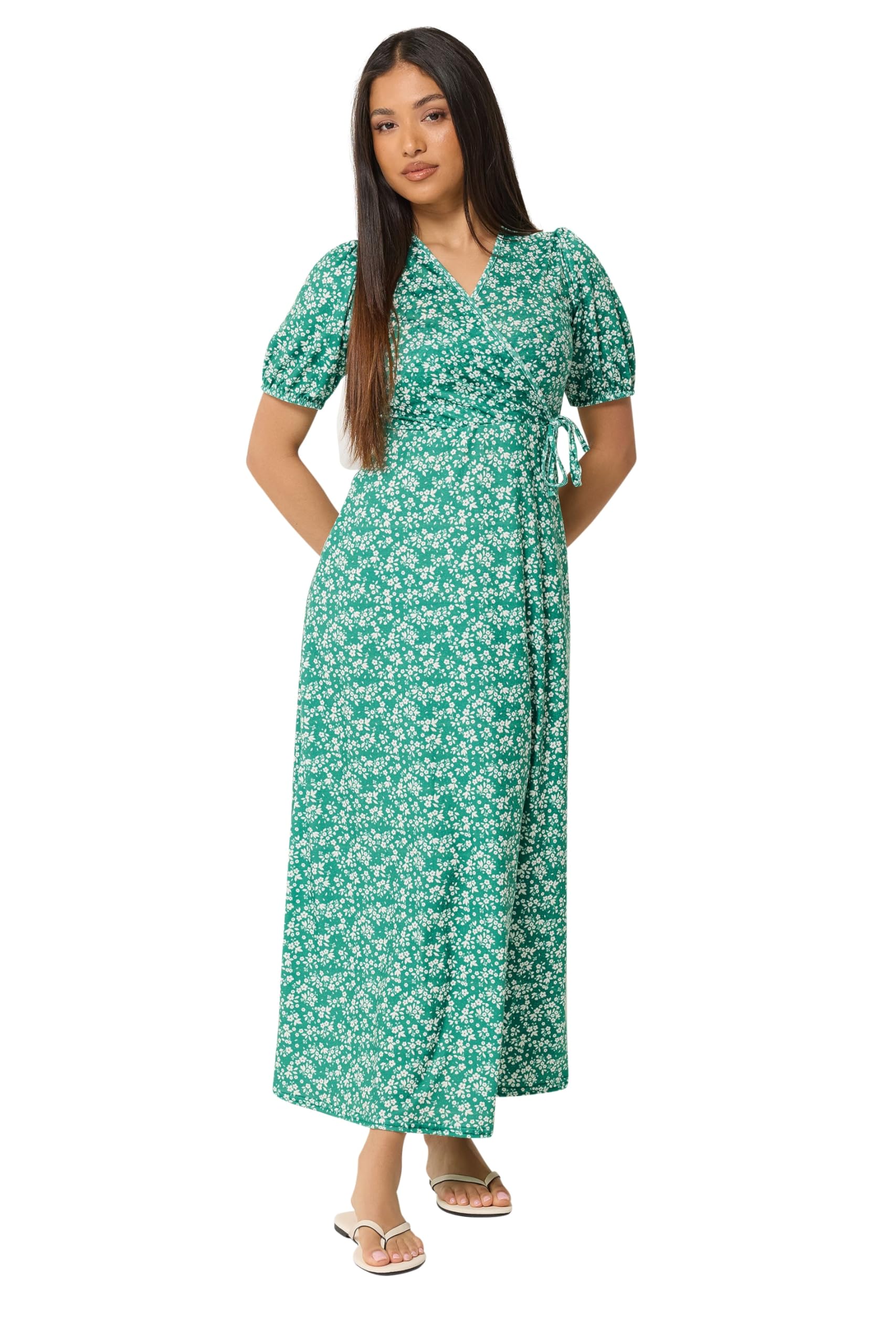 M&Co Petite Ditsy Floral Print Maxi Wrap Dress - Women's Green