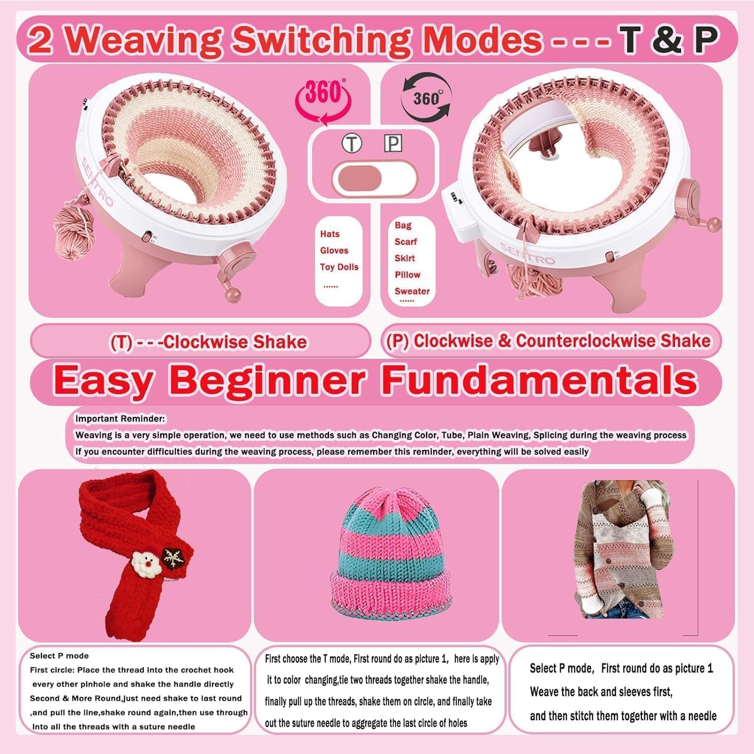 PKHOUHYI Sentro 48 Knitting Machine, 48 Needles Knitting Machine with Row Counter Automatic Circular Weaving Spinning Knitting Loom Machine Kit for Adults & Beginners for Scarves,Sweater,Hat