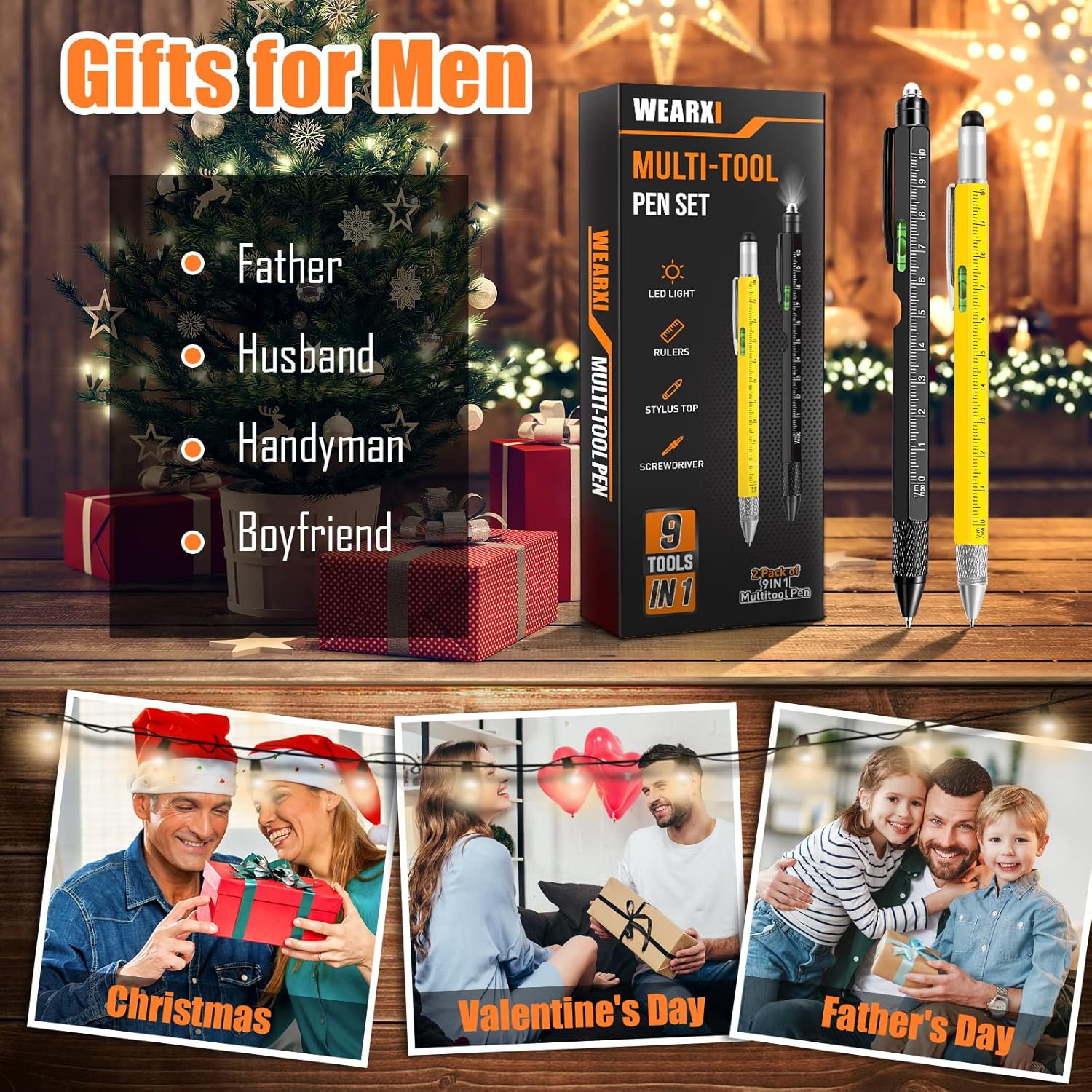 WEARXI Gifts for Men 9 in 1 Multitool Pen, Fathers Day Dad Gifts from Daughter Son, Birthday Gift for Men/Boyfriend Mens Gift for Dad/Him/Husband, Cool Gadgets, Camping Accessories