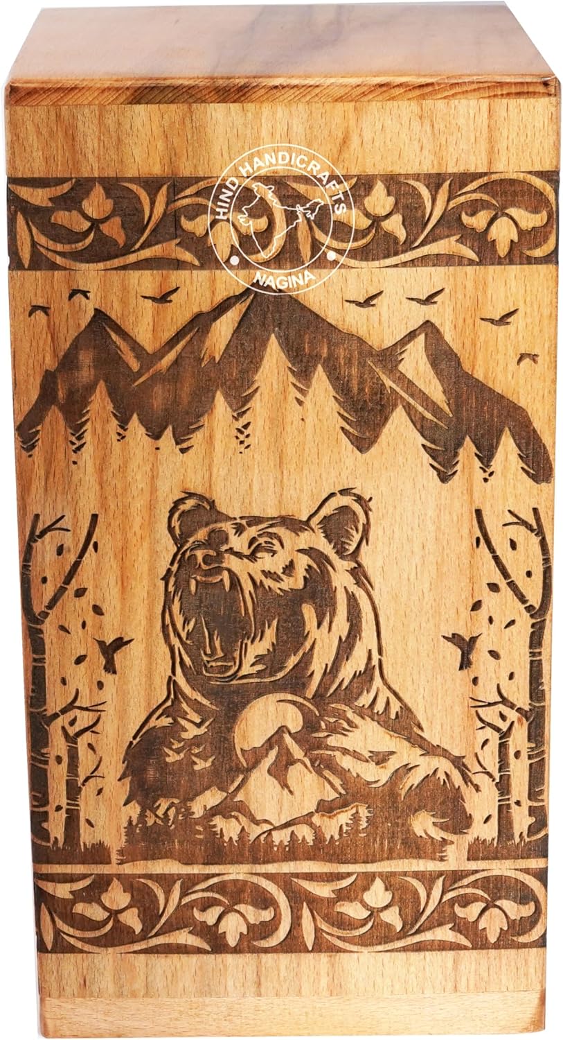 Handcrafted Floral Engraved Wooden Urns for Human Ashes Adult Large - Cremation Urn for Ashes - Burial Urn for Columbarium - Funeral Urn Box (Mountain Beer 1, 250 LB - Beechwood)