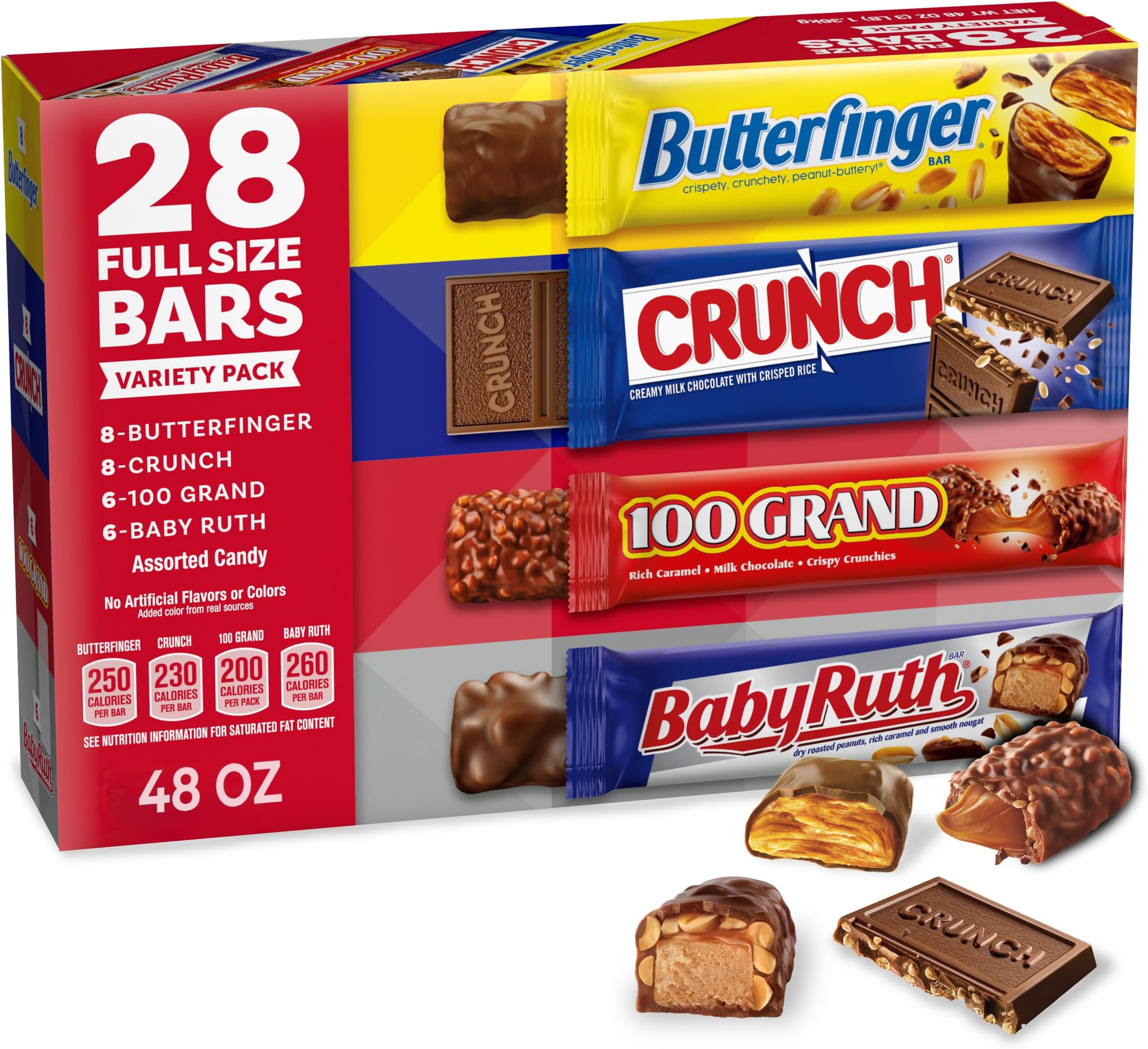 CRUNCH, Baby Ruth and 100 Grand, Bulk 28 Pack, Assorted Full Size Chocolate Candy Bars, 48 oz