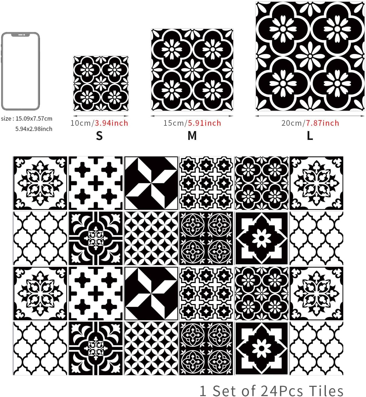 TONSHEN Peel and Stick Backsplash Tiles, PVC Wall Stickers for Kitchen Bathroom Living Room, Pink Green Mandala Pattern, 24 Pieces (Black, 5.91in)