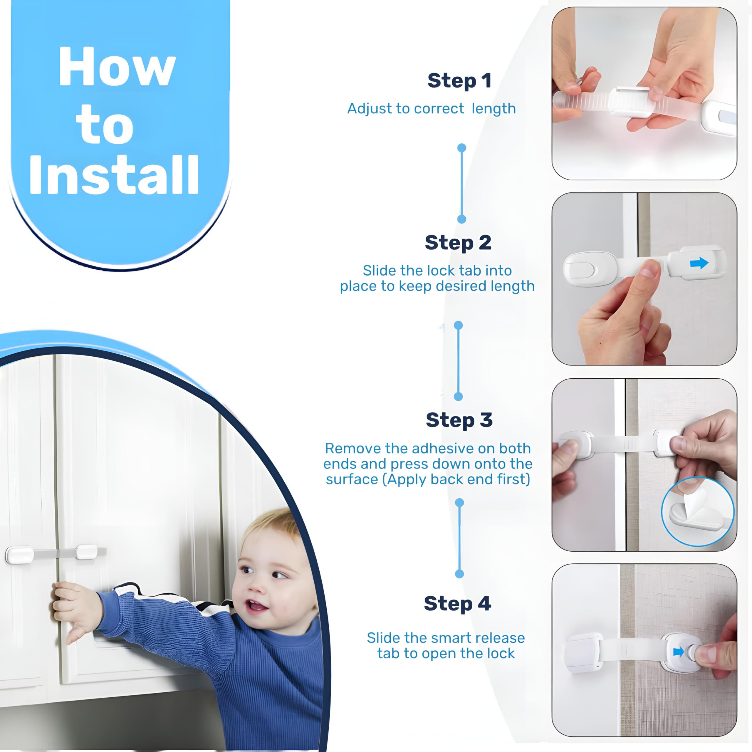Baby Proof Me - 3M - Cerraduras adhesivas de seguridad para niños, cierres de bebé para armarios, lavavajillas, neveras, hornos y botes de basura, bloqueo de inodoro sin manchas (blanco, 24 cierres de