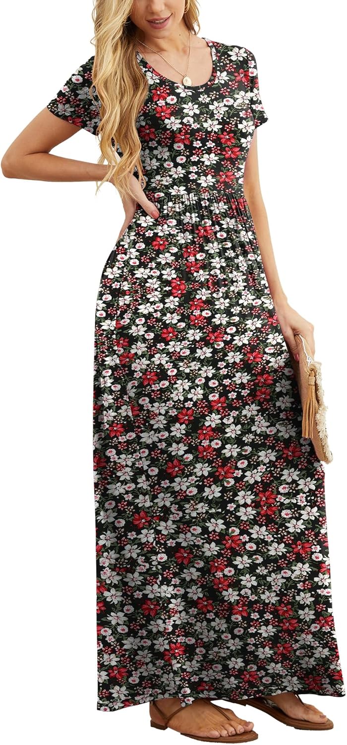 GRECERELLE Women Summer Casual Maxi Long Dress Short Sleeve Crew Neck with Pockets, Size S-3XL - Image 3