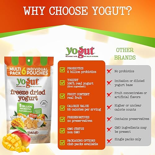 Miniatura 8 de Yogut Bocadillo de yogur liofilizado, mango, paquete de 6, bocadillos saludables para niños, niños pequeños y adultos, sin gluten, sin OMG, con 5