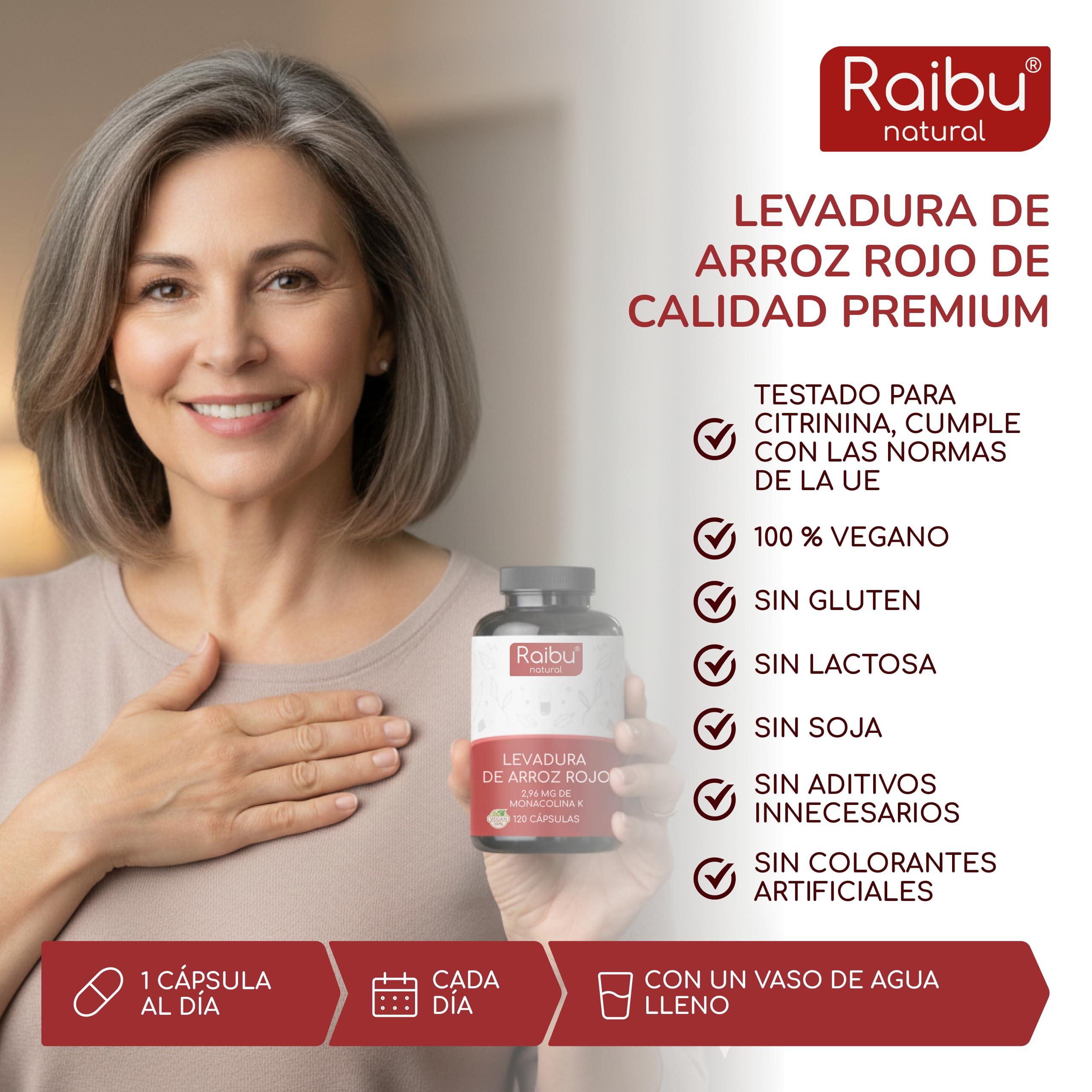 Levadura de arroz rojo con 50 mg de coenzima Q10 & 2,96 mg de monacolina K por cápsula - Apoyo al colesterol y a la función normal del corazón - Testado para citrinina - 120 cápsulas veganas