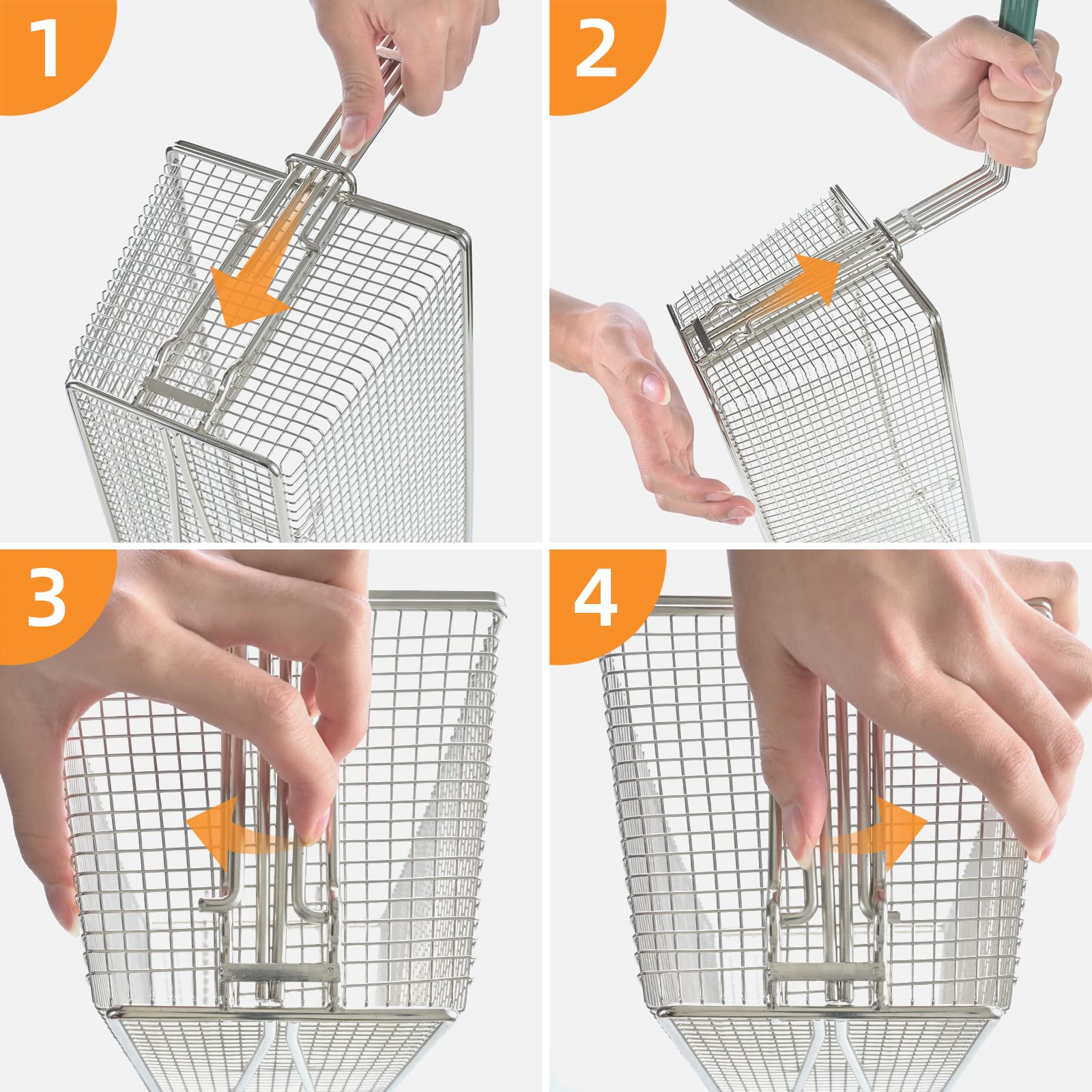 2 cestas para freidora profunda con ganchos frontales, mango antideslizante, cesta de 13.2 x 6.5 x 5.9 pulgadas y cesta de drenaje frito profundo de 11.2 pulgadas para freidora de suelo, fácil