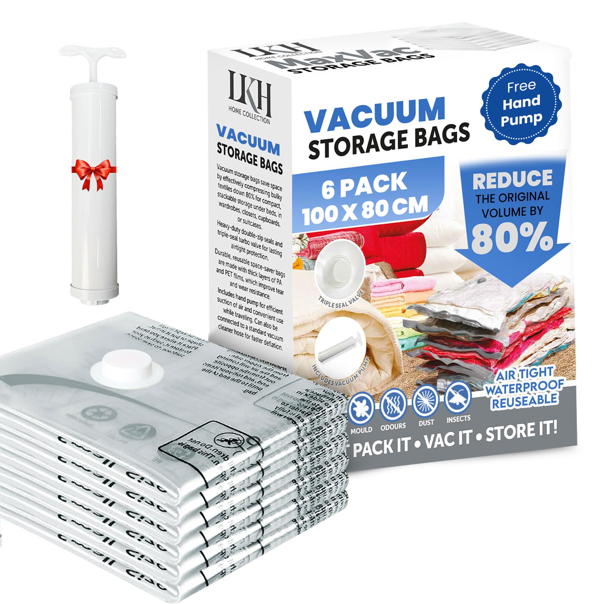 LKH Vacuum Storage Bags with Pump Heavy-Duty Clothes Storage Bags – Waterproof, Airtight & Reusable Space Saver Bags Reduce Volume by 80% – 3x Seal Valve for Secure Compression 100x80cm (6 Pack)