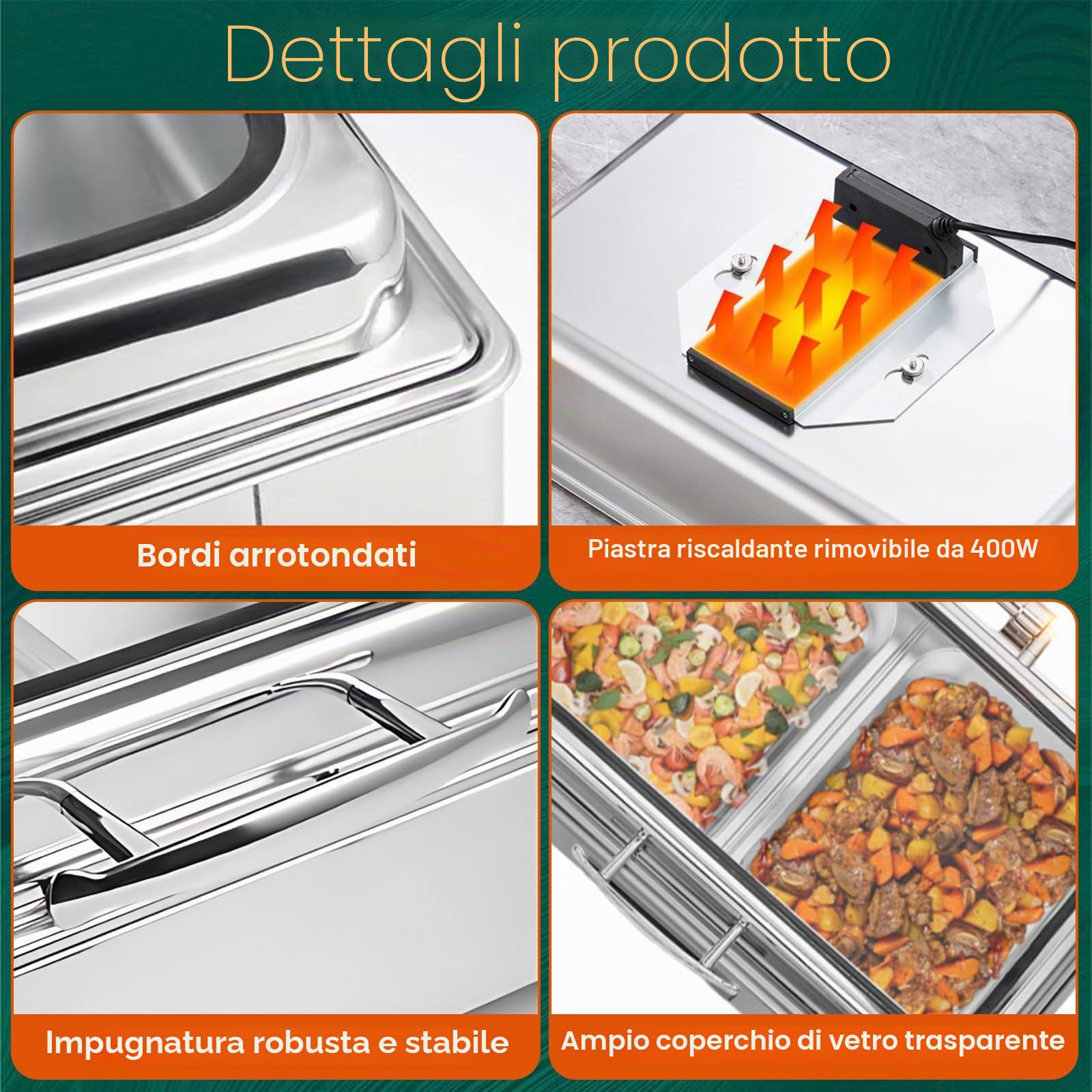 Chafing Dish Elettrico 9L, 35-85 ℃ Temperatura Regolabile(B,1/3 Pan) | 400W Professionale Scaldavivande Elettrico per Buffet, Acciaio Inox Contenitore Scalda Cibo per Hotel, Buffet, Ristoranti