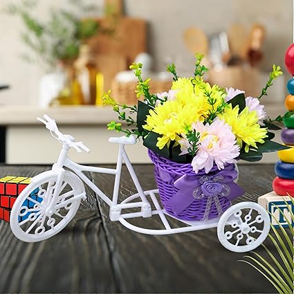 DIOAMO Plastic Cycle Shape Flower Vase with Flower Bunches for Gifting, Home, Bedroom,Office Corner, Garden, Balcony,Living Room, Wedding Decoration Items (Pack of 1, Purple Basket) (Yellow)