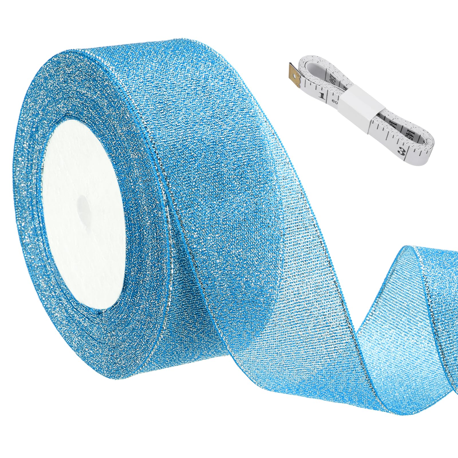 sourcing map Light Blue Glitter Ribbon (22 Meters, 4cm Wide) with Silver Thread Sparkly Metallic Fabric Ribbon - Sparkly Practical, for Gift Wrapping Balloons Craft DIY Decor Holiday