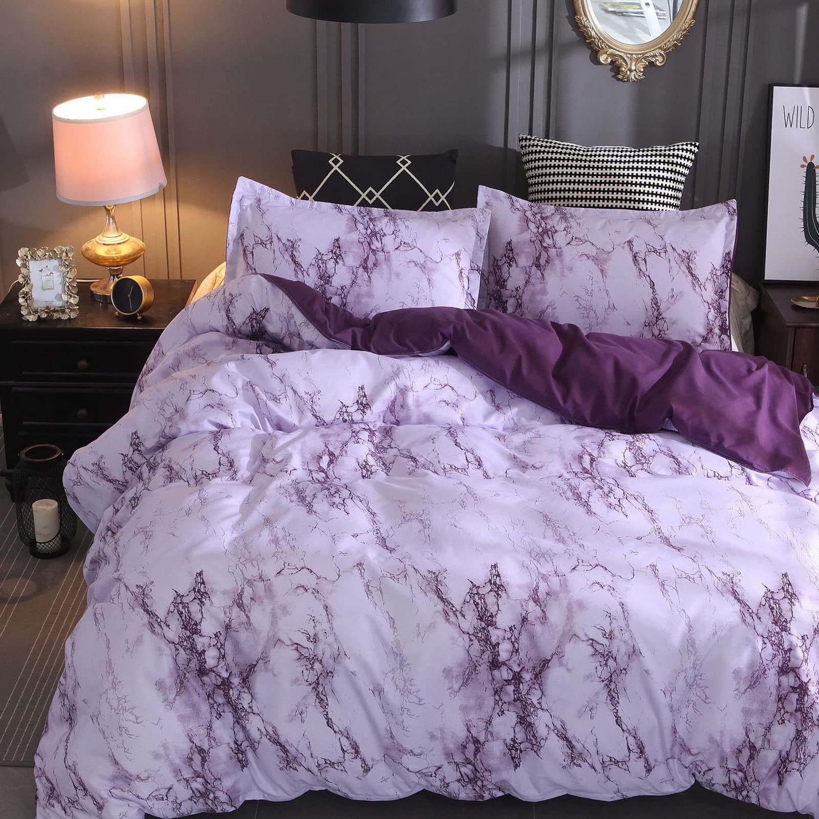 AIWQTO Marble Printed Duvet Cover Set,Microfiber Warm Bedding Sets With Zipper Ties Pillow Shams,Soft Lightweight Abstract Comforter Cover For Bedroom-Purple 210x210cm(83x83inch)