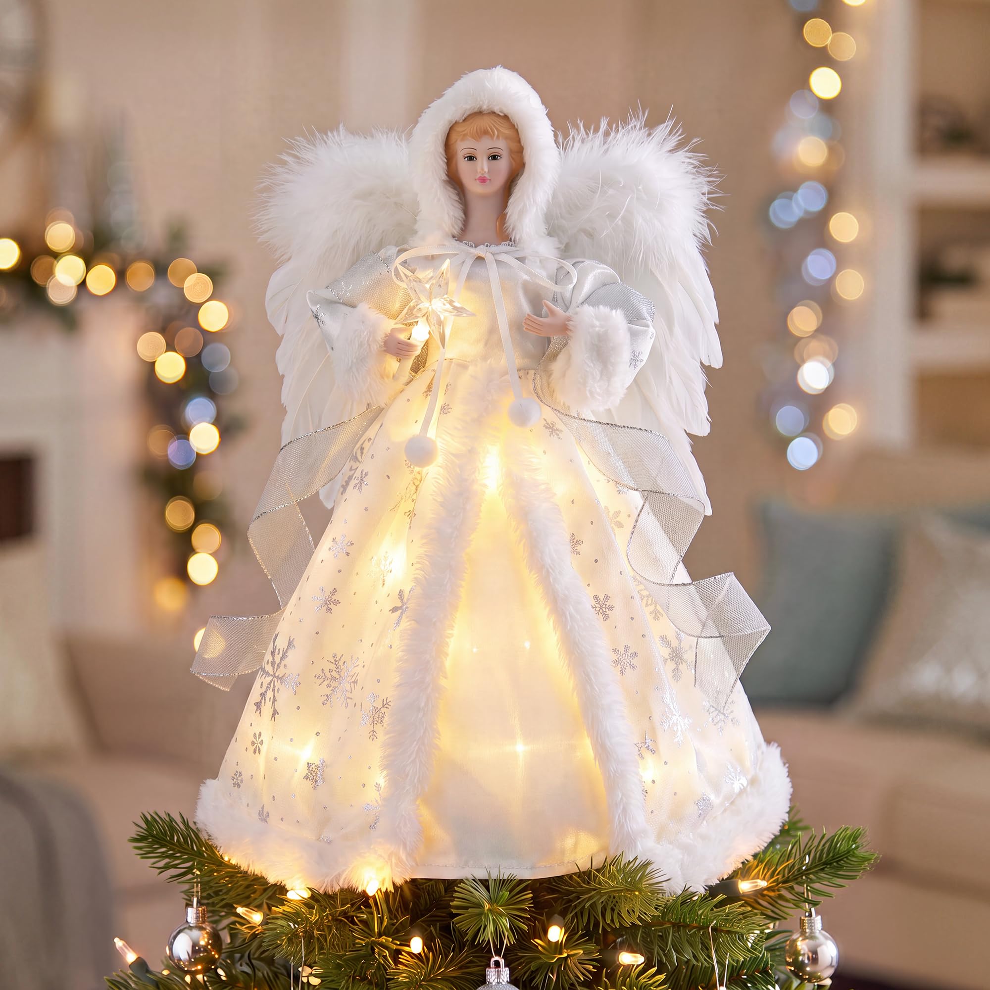 PAPER FAIR Puntale per albero di Natale illuminato, 30,5 cm, argento e bianco, con ali di piume, per decorazioni per la casa vacanze, decorazioni per albero di Natale e centrotavola per feste