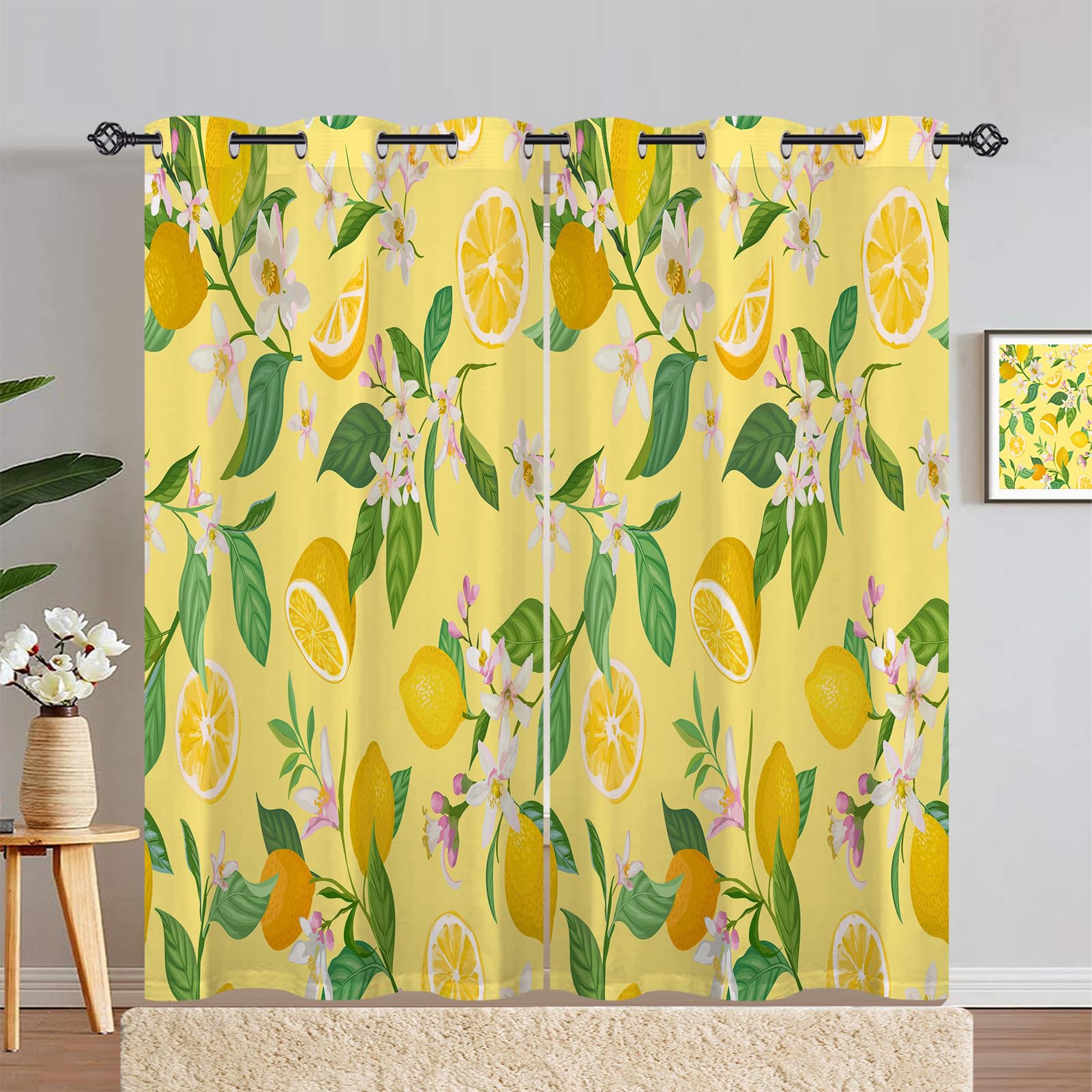 ANHOPE Lemon Curtains Eyelet Thermal Insulated Blackout Curtains Tropical Fruit Leaf Flower Print Pattern Ring Top Drapes for Bedroom Living Room 66 x 72 Inch Drop 2 Panels — image 1