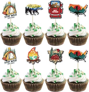 Gyufise 36Pcs Happy Camper Cupcake Toppers Tree Bear Campfire Tent Camping Cupcake Picks for Weekend Outdoor Camper Woodland Lumberjack Theme Birthday Party Cake Decorations Supplies