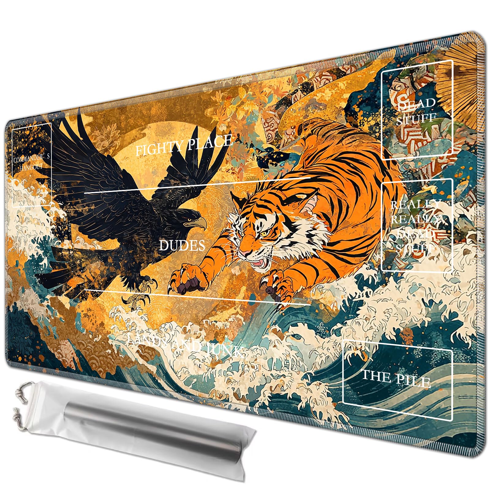 JANENFNA Playmat 24" x 14" with Magic Zones for MTG Card Game Playing, Board Game Mat for Card Breaking Commander Deck Gaming Card Game Battles Mat with Storage Bags, Japanese Ukiyo-e Eagle and Tiger โ image 1