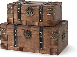 Soul & Lane Caixas de madeira com tampas articuladas – Conjunto de 2, baús decorativos para armazenamento e decoração de casa, baús de tesouro de madeira antiga marrom claro para lembranças