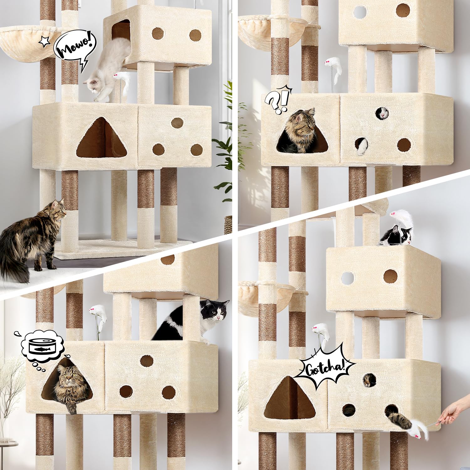 Globlazer Beige Rascador para Gatos Grandes XXL 207 cm con 3 Divertido Nidos Grande 45 * 35cm, Plataforma Amplio, Perchas, Cesta, Enorme Arbol Rascador para 4-5 Gatos Adultos Interiores (F81, Beige)