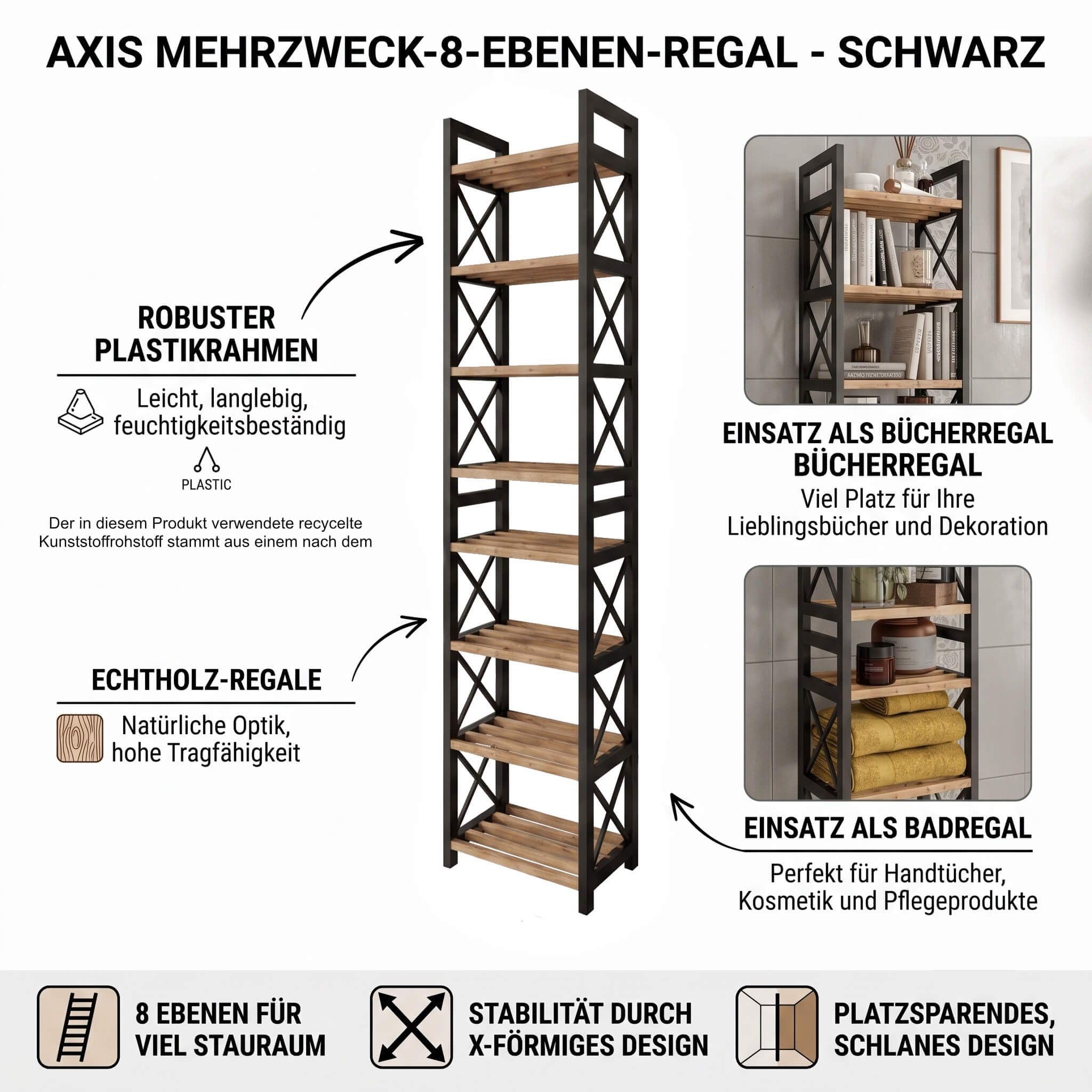 AXIS Mehrzweckregal mit 8 Ebenen Standregal für Wohnzimmer Bad und Küche Schwarzes Aufbewahrungsregal Platzsparend