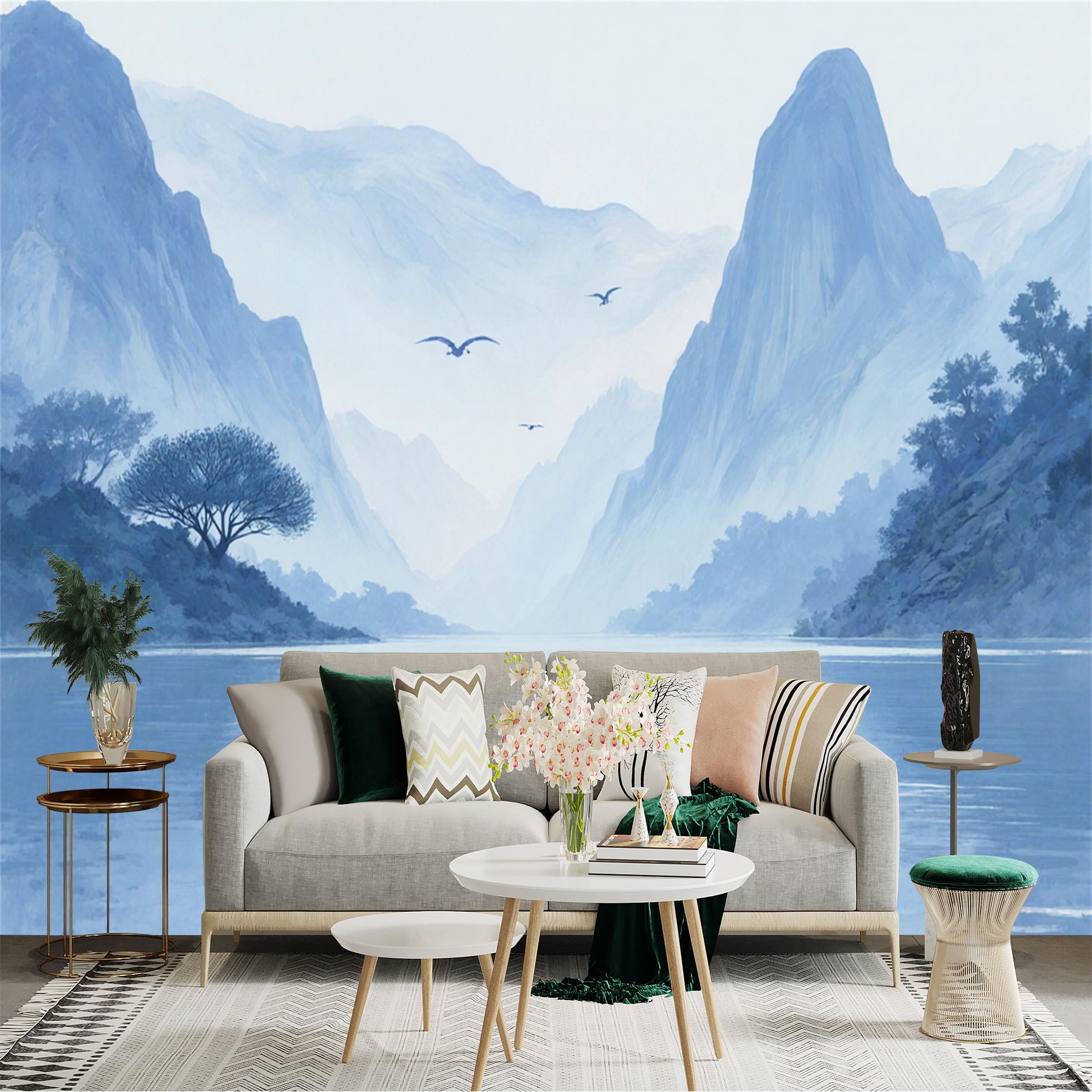 Custom Size Wall Sticker Mural， Tranquil Lake with Boat， Misty Mountains and Flying Birds， for wall Decoration， peelandstick wall Decals.