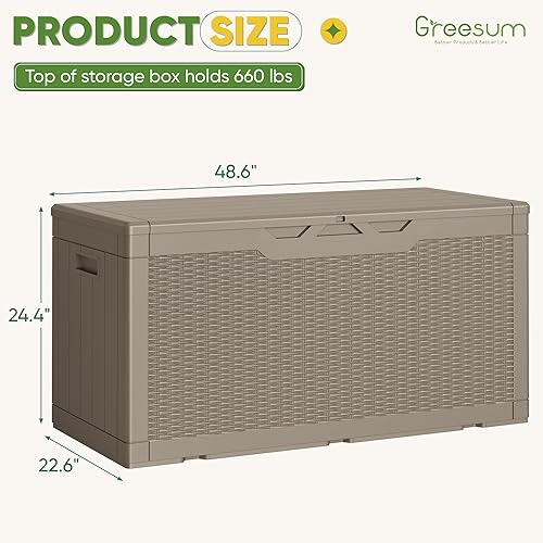Vista 120 de Greesum Caja de resina de 31 galones para todo tipo de clima, cajas de almacenamiento al aire libre para muebles de patio, juguetes al aire libre