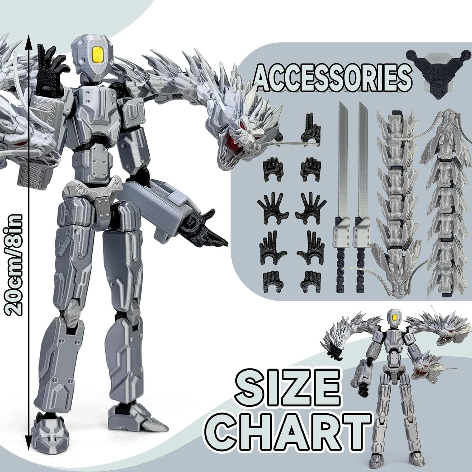 8inch T13 Assembly Completed Action Figure Set,T13 Multi-Jointed Movable There is a 3D Printed Dragon on his Body,for Collectors Desktop Decorations t-13 Movability 3D Printed Toys (Gray)