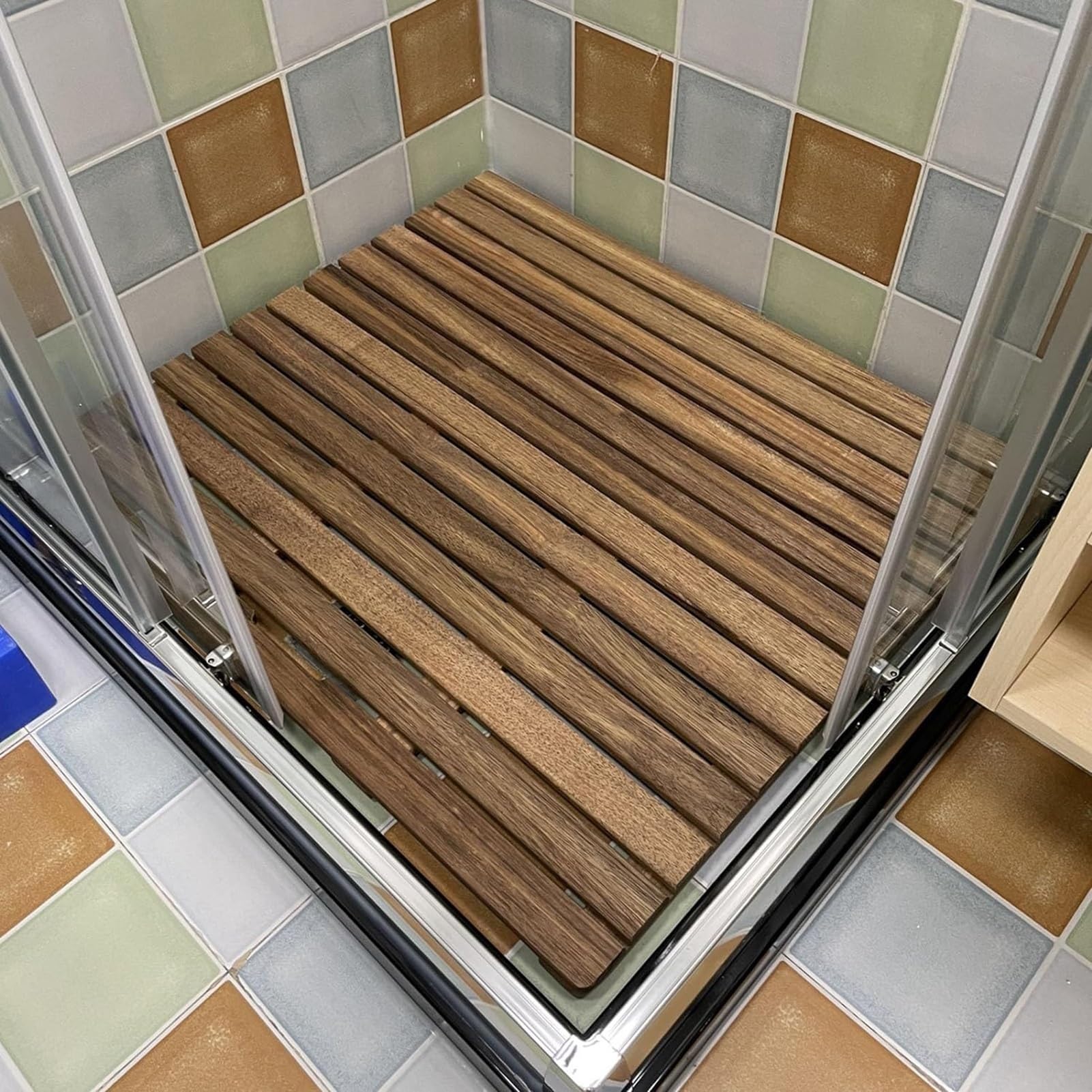 Tappetino da Doccia Antiscivolo in Legno di Teak 21x38 - Elegante e Resistente Tappetino per Il Pavimento del Bagno con Foro di drenaggio Centrale, Ideale per Ambienti um