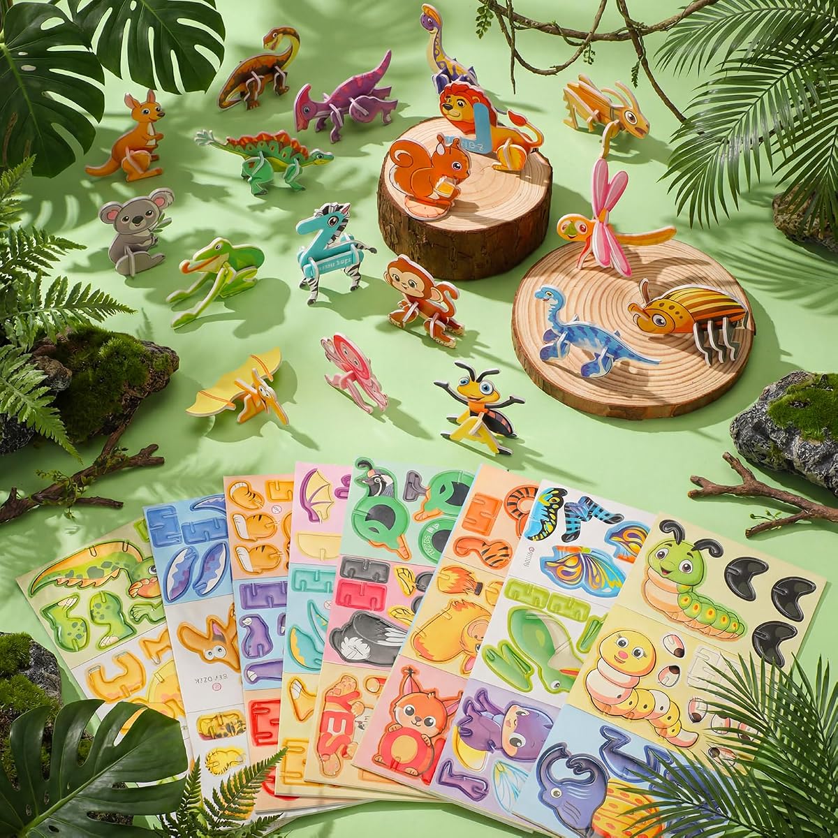 Shappy 240 piezas de dibujos animados de animales en 3D para niños Insectos de animales de la selva educativos Rompecabezas en 3D Cartas de dinosaurios Rompecabezas de bosque para niños de 4 a 10 años Premio del aula Niños Niñas Regalo de cumpleaños Favor de fiesta