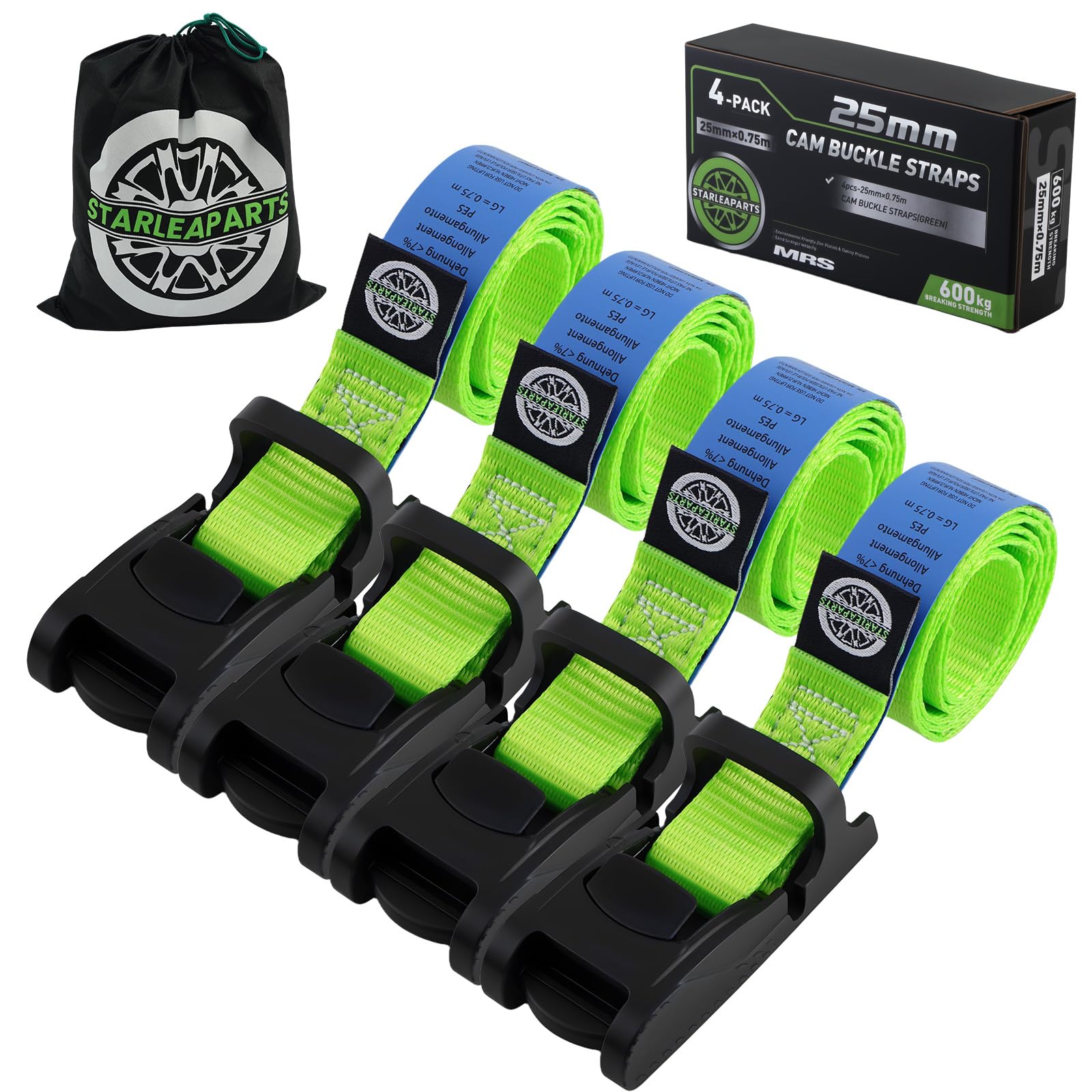 Spanngurte mit Ratsche, 900KG Bruchfestigkeit - 25mm x 4m und Kurze Spanngurte mit Klemmschloss, Länge 75 cm, Breite 25 mm, 600 Kg Bruchlast
