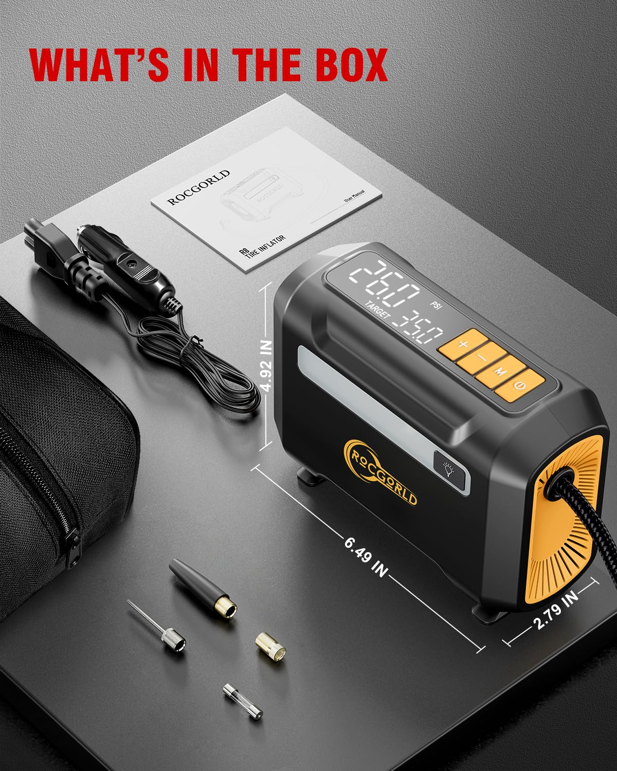ROCGORLD R8 - Compresor de aire portátil para inflador de neumáticos, compresor de aire portátil de 12 V CC con pantalla digital doble grande, inflación 3 veces más rápida para neumáticos de coche