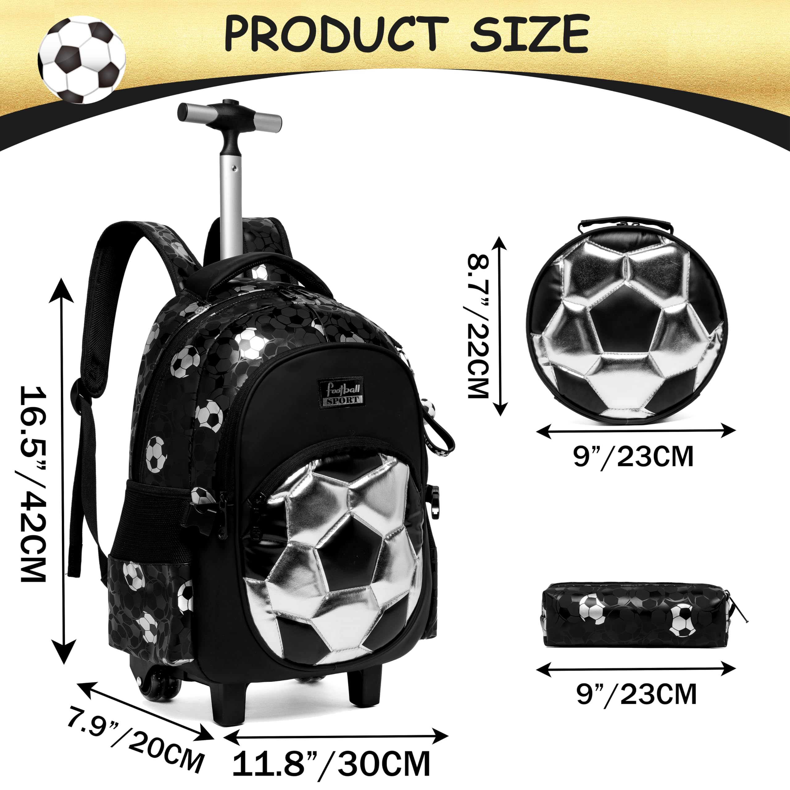 HTgroce fútbol Mochila Chico Escolar con Ruedas,Niños Trolley Escolar Estudiantes de Primaria Carros para Mochilas Bolsa de Almuerzo Estuche Escolares Equipaje de Viaje