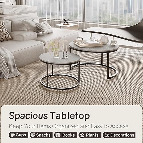 Miniatura 4 de Juego de 2 mesas anidadas, mesa de café redonda de 31.5", pequeña mesa de café anidada con base antideslizante ajustable, mesas anidadas con tapa de