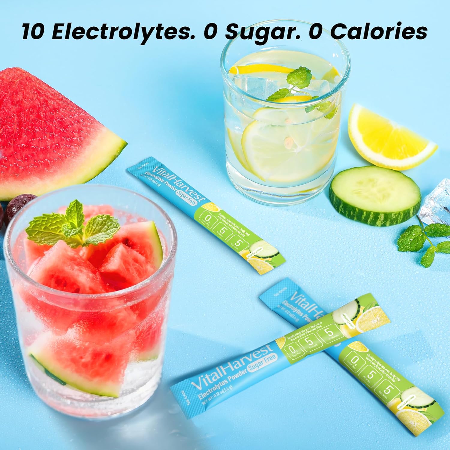 VitalHarvest 24 Sticks Electrolytes Powder Packets 7 Flavors Sugar Free Hydration Packets Liquid Daily IV Drink Mix, Low Sodium, Lemon Cucumber