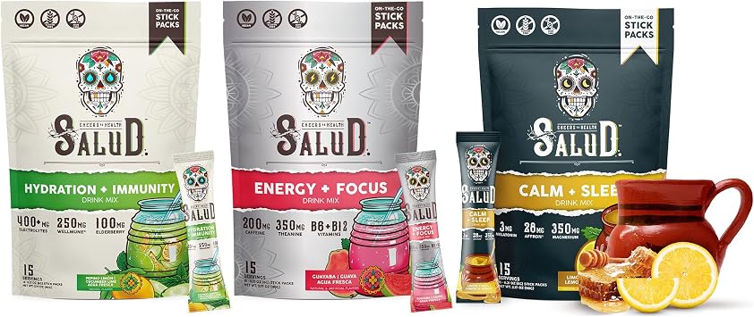 Salud Variety 3-Pack | 2-in-1 Hydration + Immunity Cucumber Lime, Energy + Focus Guava & Calm + Sleep Lemon Honey 15 Servings Each, Non-GMO, Gluten Free, Low Calorie, 1g of Sugar