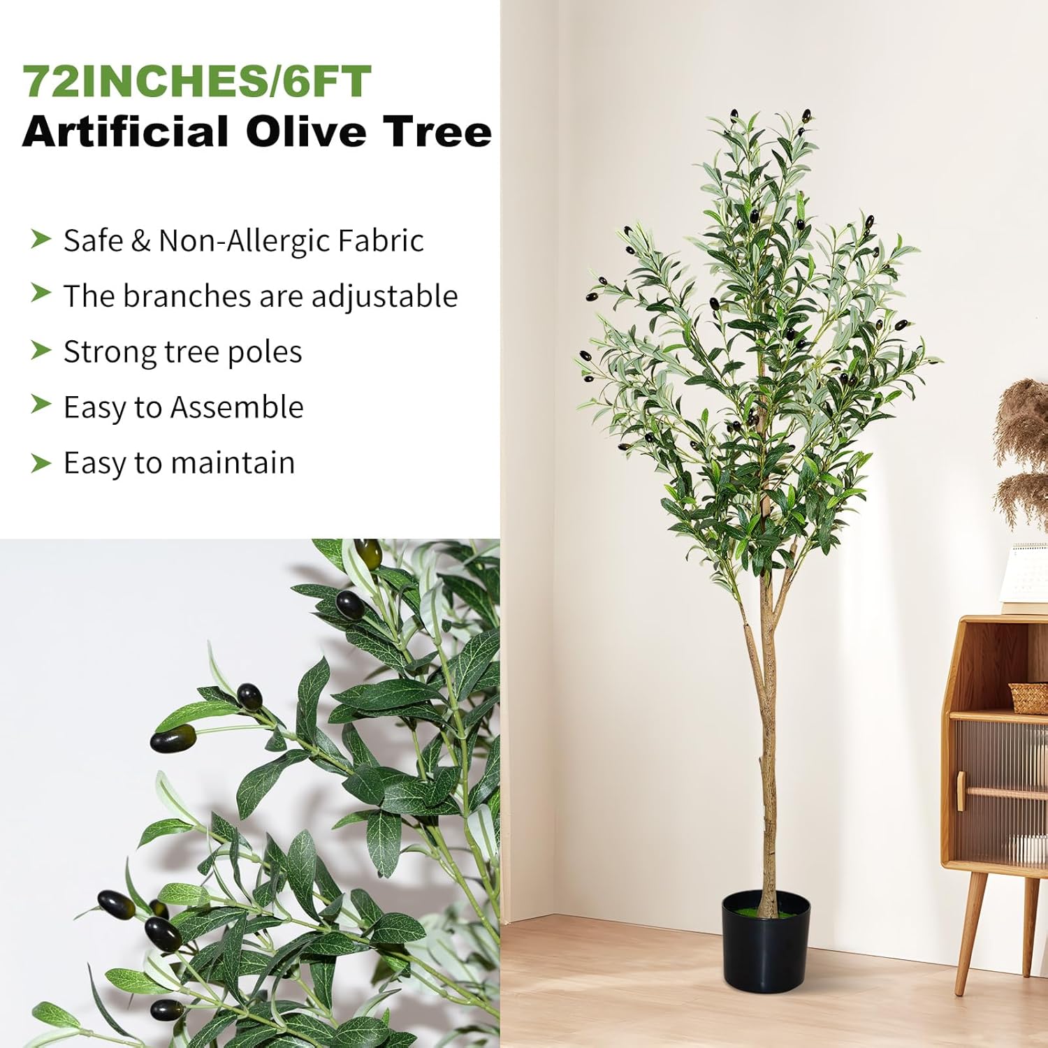 6ft Faux Olive Tree, Artificial Olive Tree Indoor, High Imitation Silk Plant Fake Olive Tree with Realistic Leaves and Fruits, Suitable for Home Living Room Office Decoration - Image 2