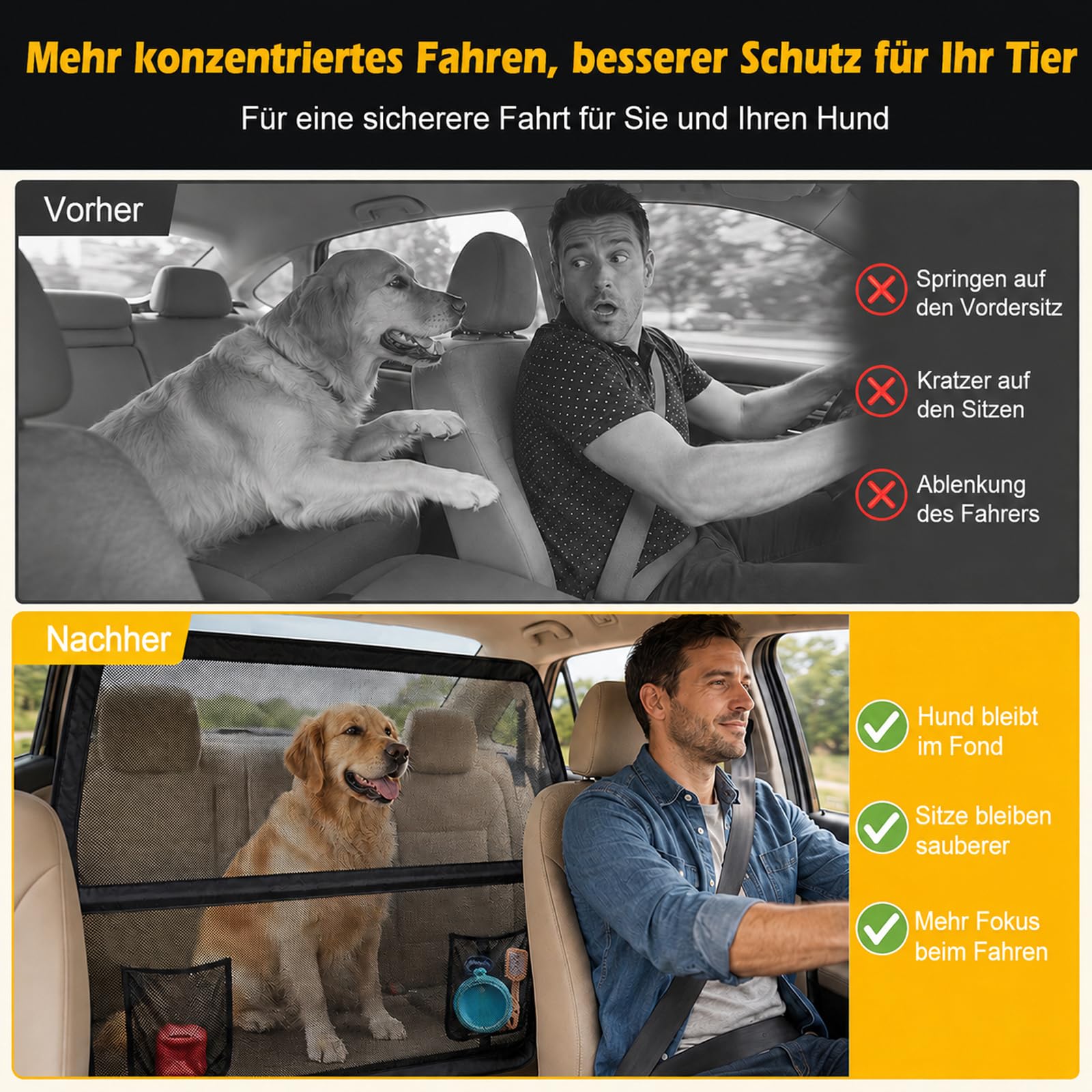 127 x 142 x 81 cm, barrera para perros con marco de metal y red de visión, protección para perros para maletero y asiento trasero con mayor cobertura, universal, para SUV, camiones, vehículos