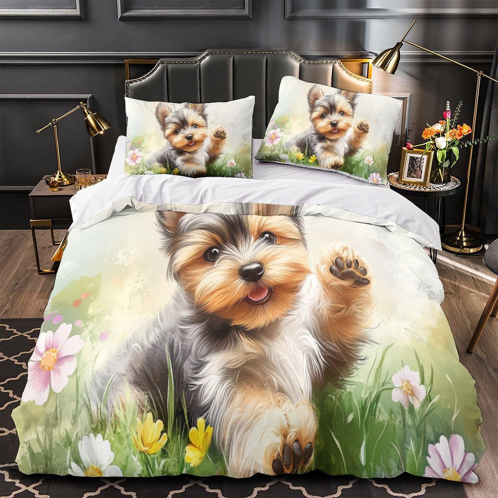Housse de couette 3D imprimé chiot mignon microfibre drap lit 260x220