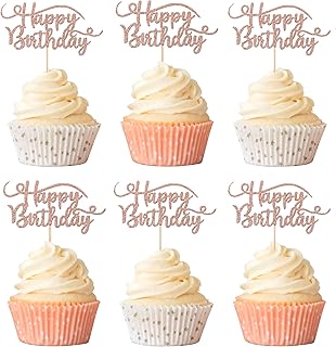 Rsstarxi 24 Pack Happy Birthday Cupcake Toppers Glitter Birthday Cupcake Food Picks for Celebrating Happy Birthday Party Cake Decorations Supplies Rose Gold