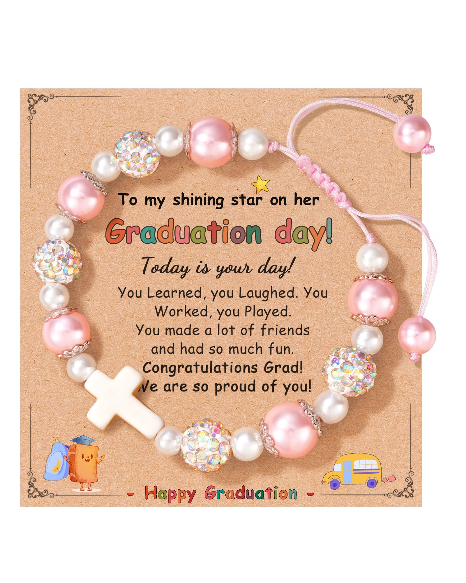 HGDEER Dear Lord Bless This Little Girl, Pink Pearl Cross Adjustable Bracelet for Girls, Birthday, Graduation, Baptism, Easter, Christmas, Valentines,