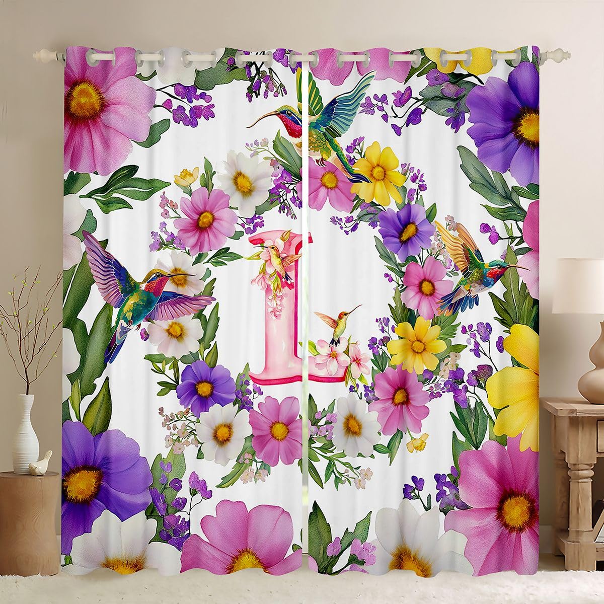 Rideau occultant colibri aquarelle au motif romantique dessine a la main 140x175 cm