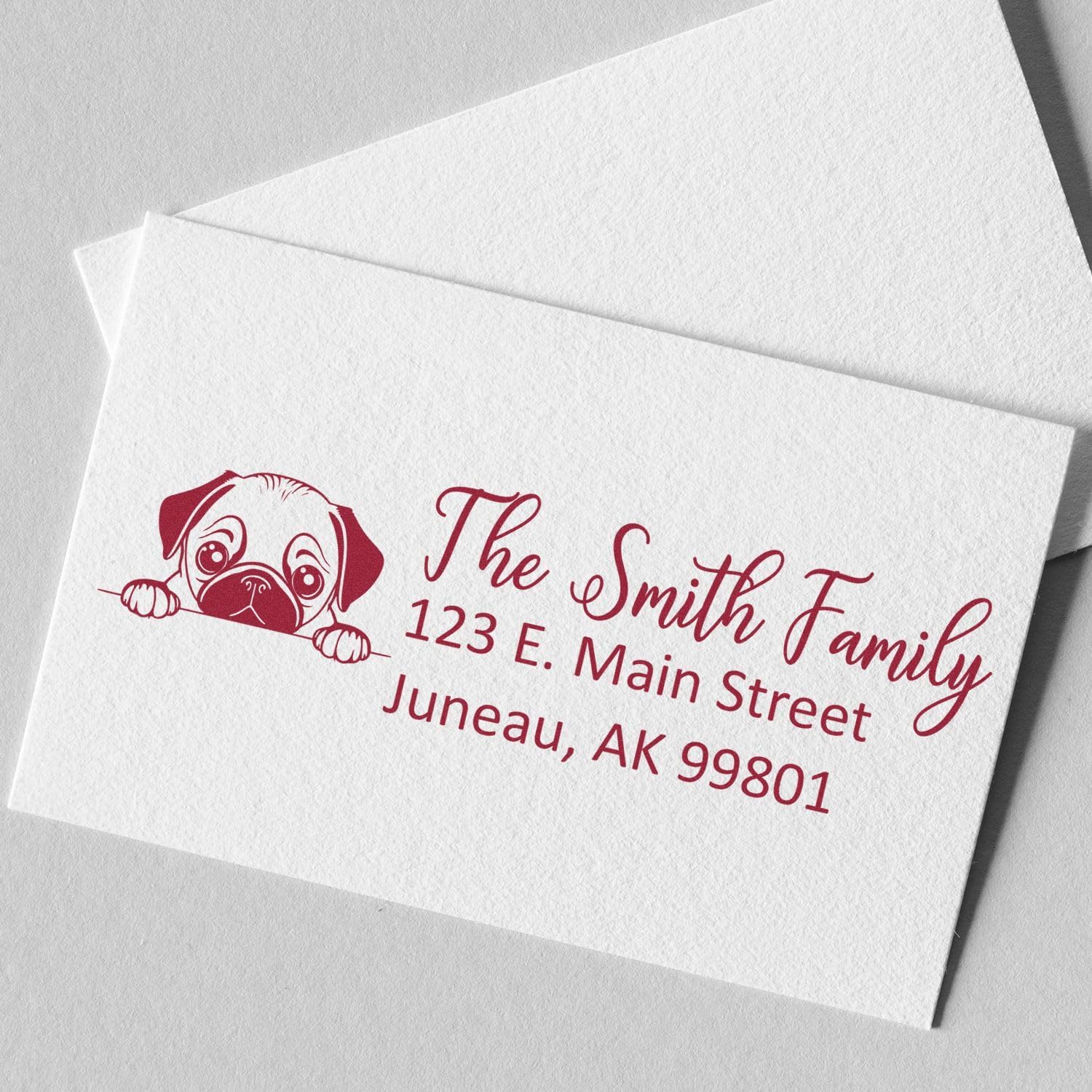 Customized Pug Stamp - Personalized Return Address Rubber Stamper with Peeking Puppy Pug Design, Ideal for Envelopes & Letters, Wood Handle, Size 7/8 x 2-1/4, Use with Stamp Pad