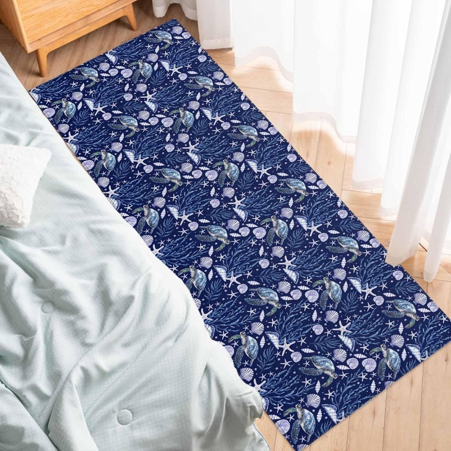 2 Pieces Kitchen Rugs and Mats,Seamless Starfish Coral Shell Turtle Area Runner Rug Set Non Slip Floor Doormat Washable Carpet Standing Mat for Kitchen Sink Indoor Corridor,Blue Marine Creature