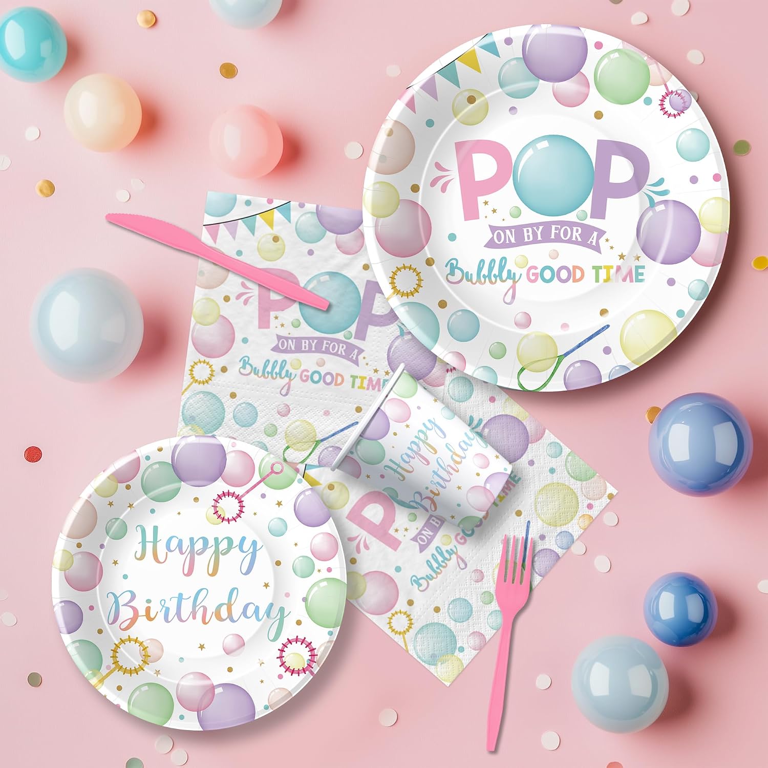 Bubble Birthday Party Decorations Tableware for Girl, Summer Pastel Pop On Over Bubbles Theme Party Supplies for Birthday Baby Shower, Paper Plate, Napkin, Cup, Disposable Cutlery, Serves 24