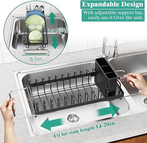 Miniatura 10 de Escurridor de platos pequeño, compacto con bandeja de silicona y cadena, escurridor multifuncional para fregadero para encimera de cocina y sobre el