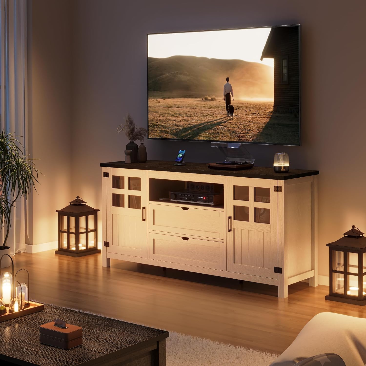 Farmhouse TV Stand for 65 70 75 Inch TVs, Entertainment Center with Adjustable Shelves, 2 Barn Doors and Drawers, Storage Media Cabinet for Living Room or Bedroom-White