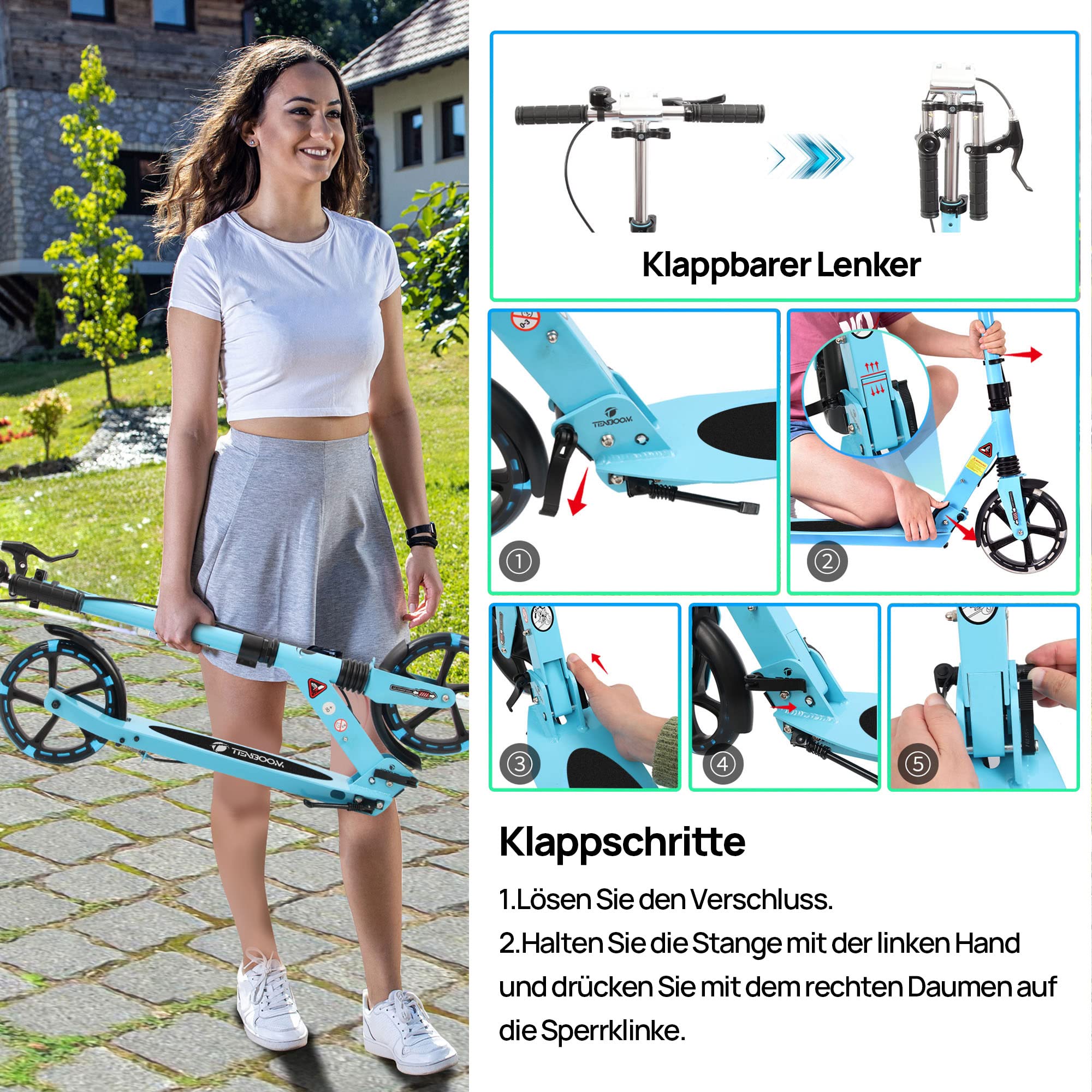 TENBOOM Trottinette à frein à disque pour adulte - En aluminium - Pliable - Hauteur réglable - Pour enfants de 8 ans - Avec frein à main et cloche - Système de double suspension.