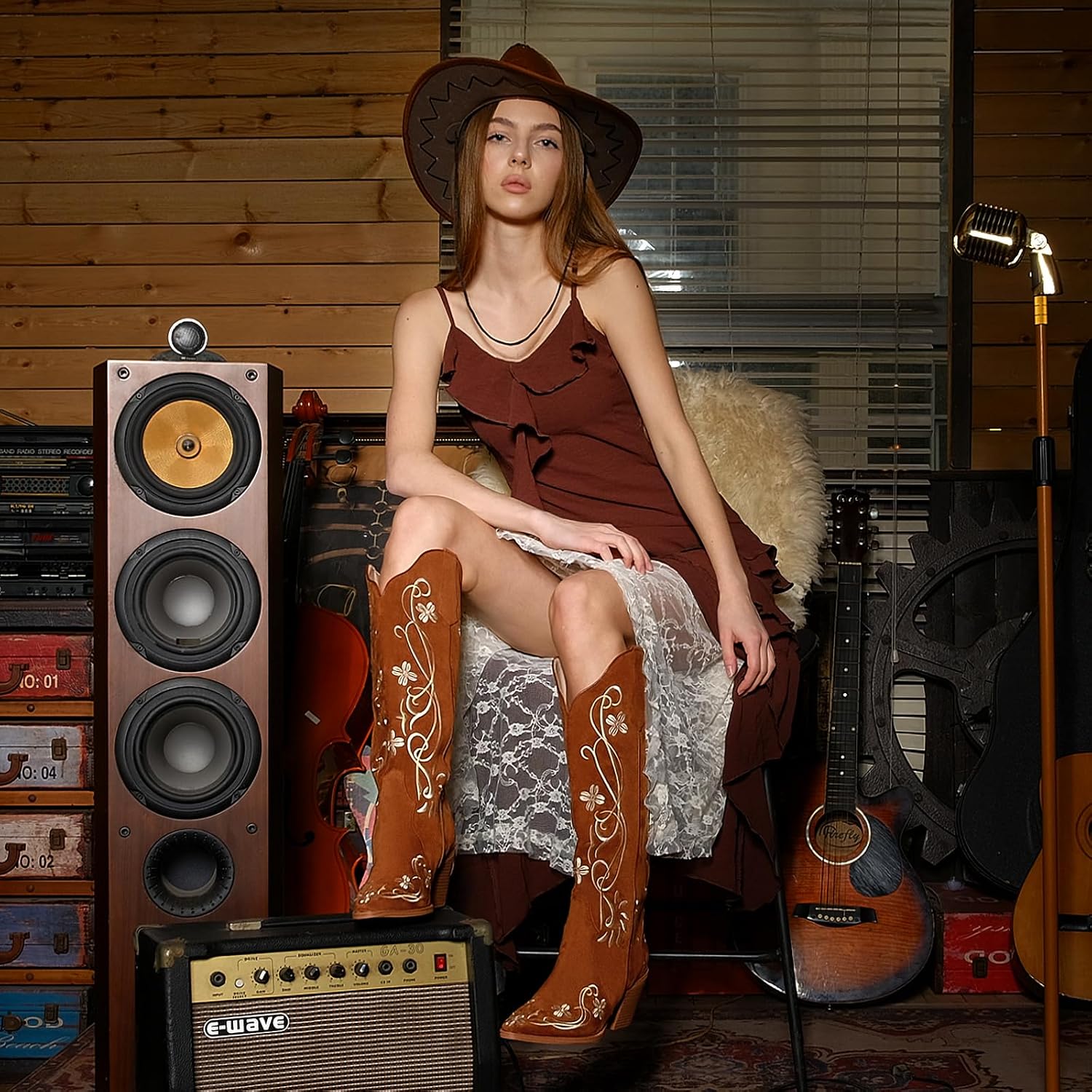 Cowboy Boots for Women, Knee High Cowgirl Boots with Pointed Toe, Chunky Heel, Floral Embroidery Western Boots Suede Tall Boots